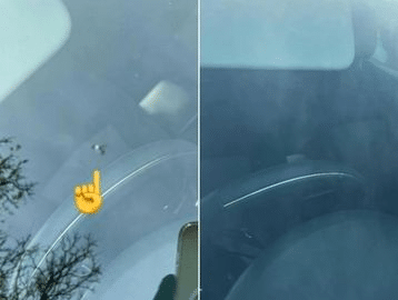 A split image shows two views of a car windshield with a small chip on the left side. A finger emoji points to the chip. Reflections and a tree are visible in the glass.