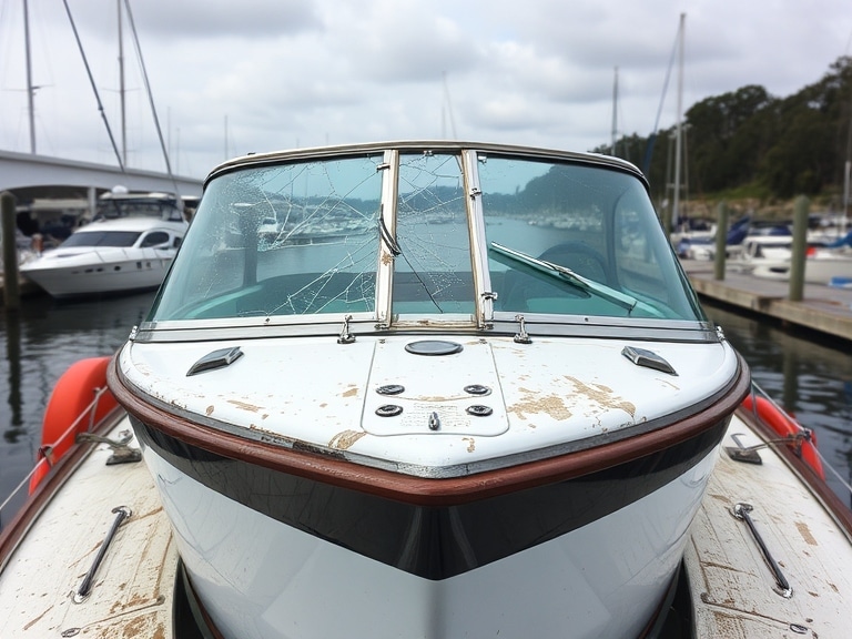 A motorboat with a cracked windshield, in need of professional attention, sits docked at the marina. Its surface shows visible signs of wear and rust. Other boats and a bridge are visible under the cloudy sky, setting the scene to determine its needs for restoration.