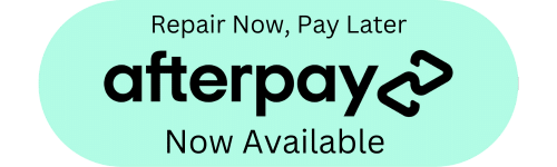 A mint green oval with the text "Repair Now, Pay Later" at the top Below, the word "afterpay" is prominently displayed with the logo The phrase "Now Available" is at the bottom